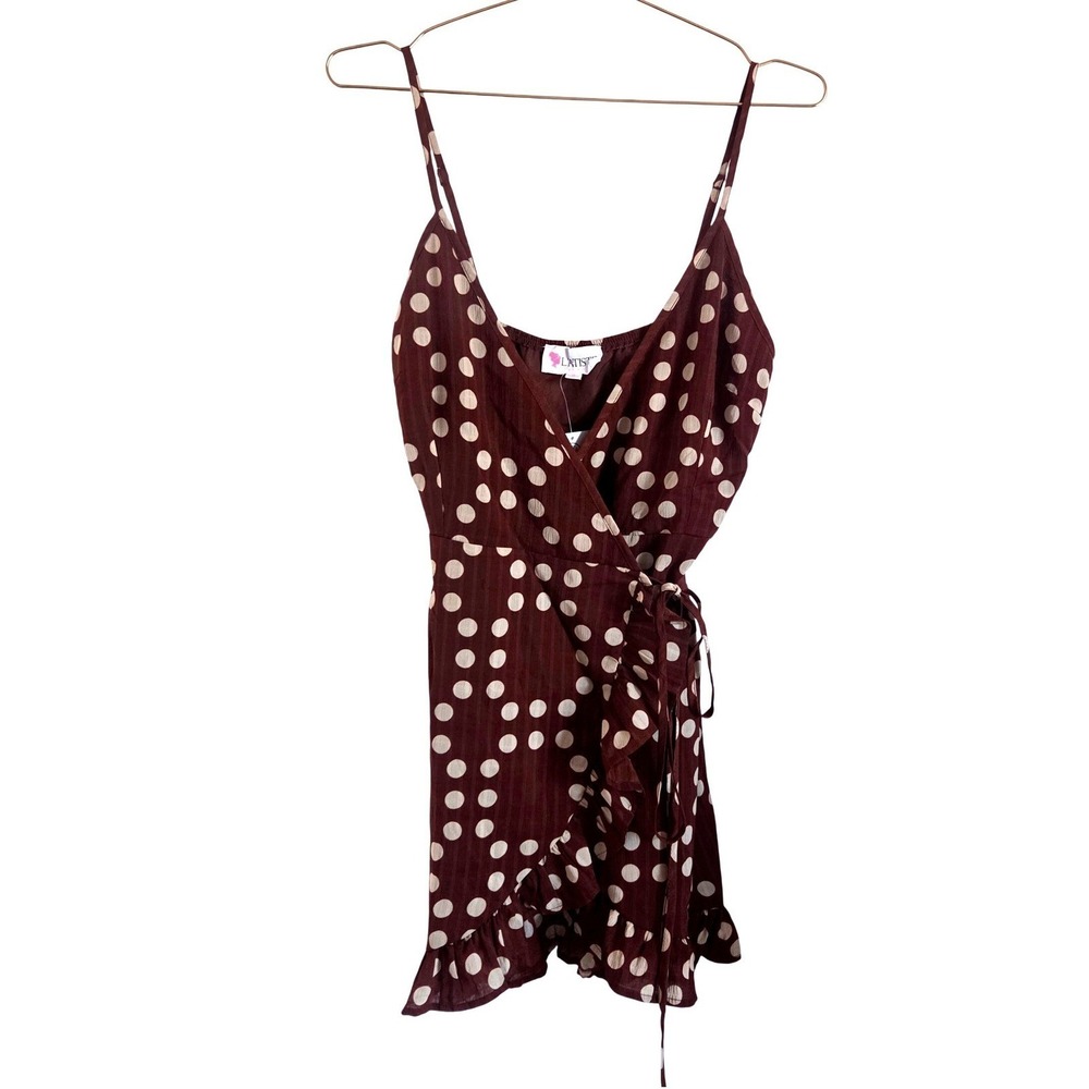 L'Atiste Polka Dot Wrap Mini Dress Brown‎ Beige Spaghetti Strap Size Small